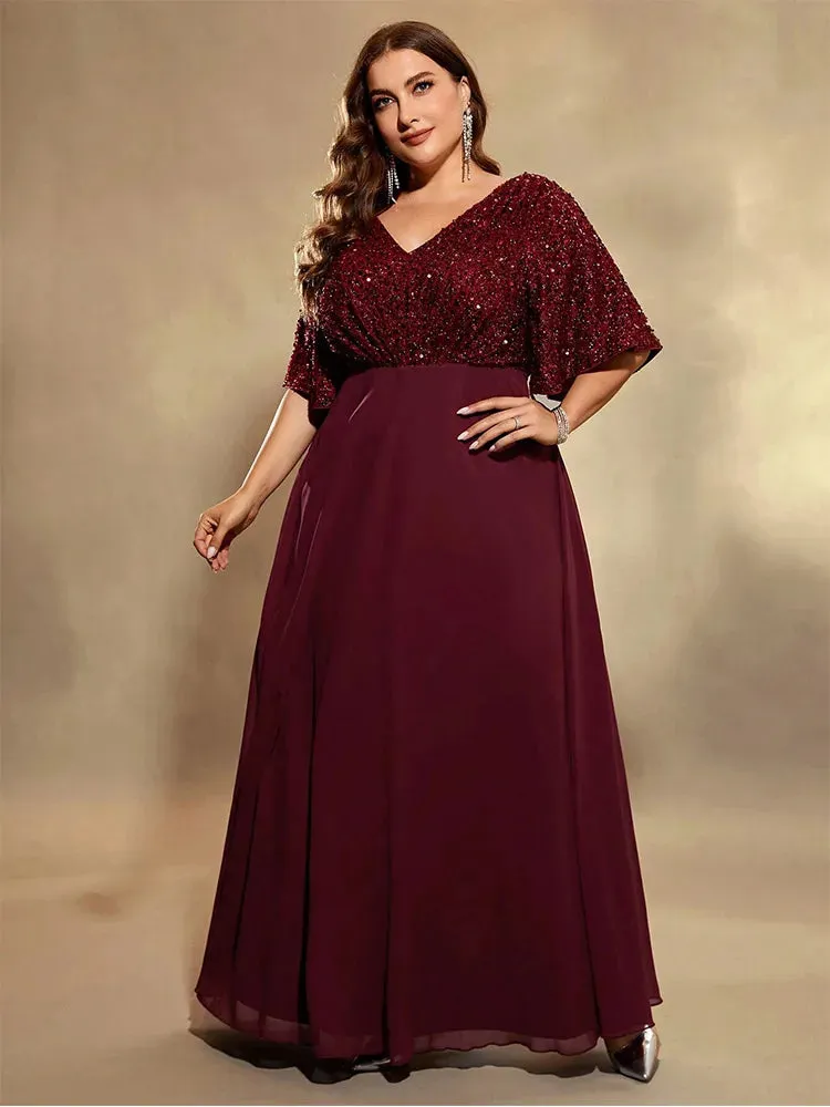 Brown Plus Size Chiffon V-Neck Sequined Evening Dress