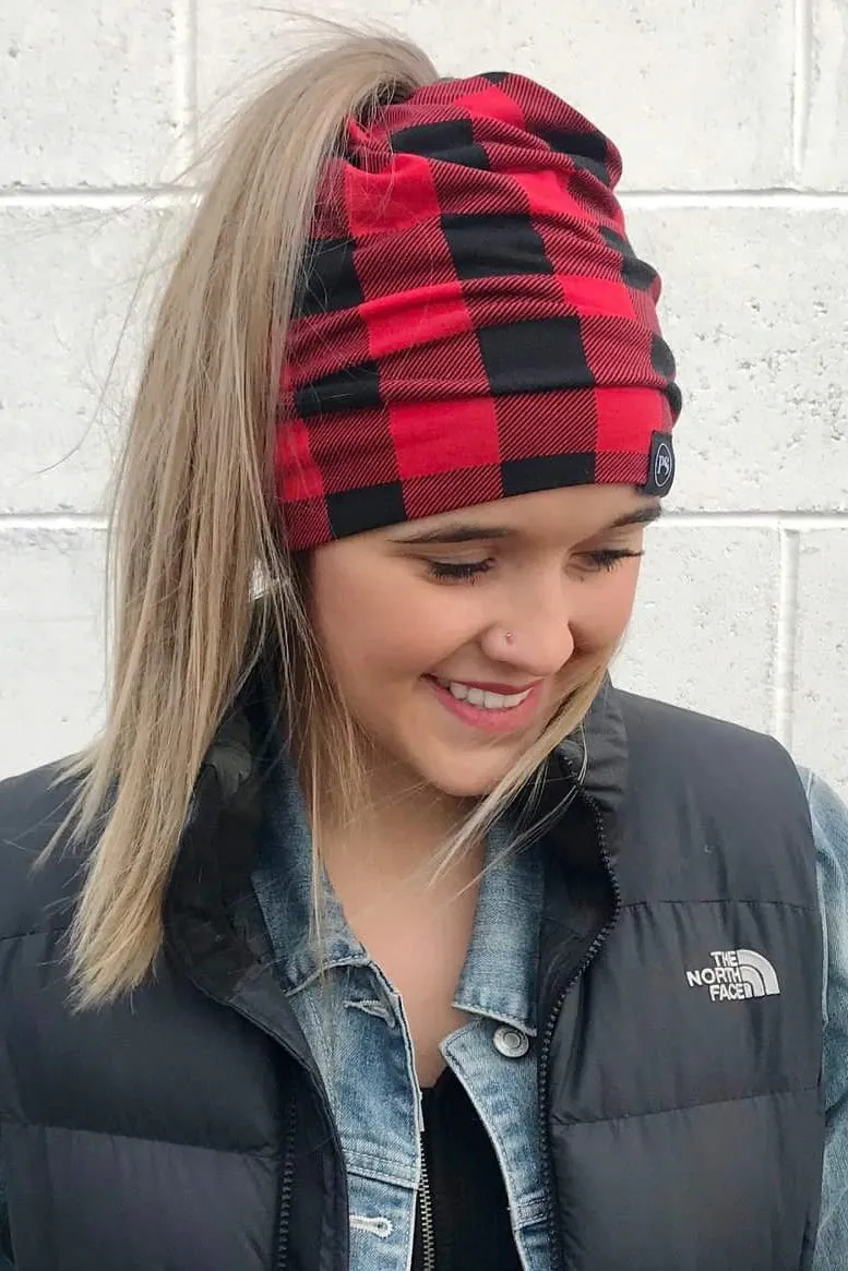 Buffalo Check Red & Black Peek-A-Boo Beanie