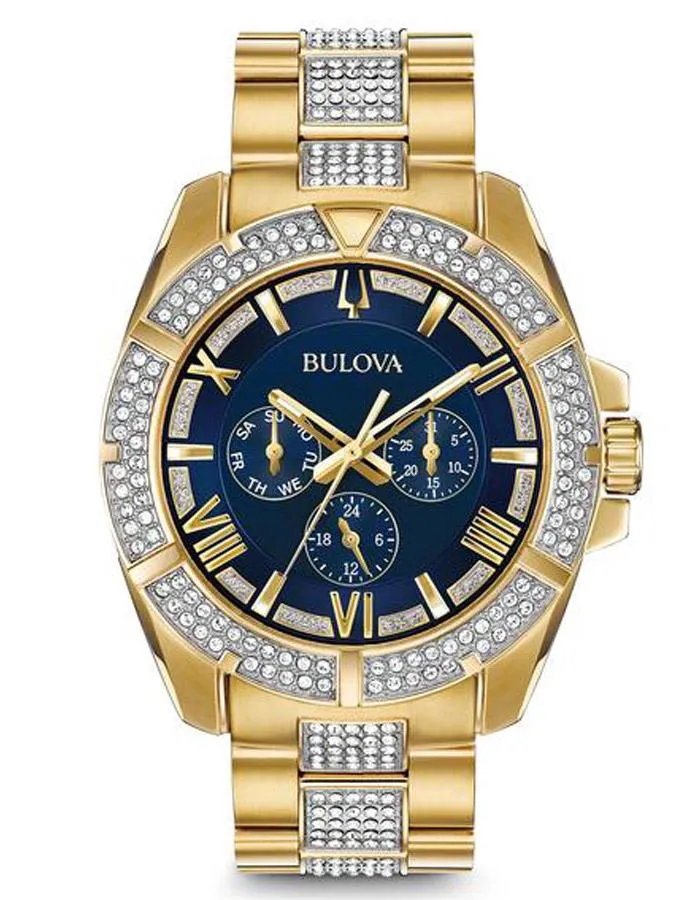 Bulova Mens Crystal Chronograph - Blue Dial - Gold-Tone Case - Swarovski