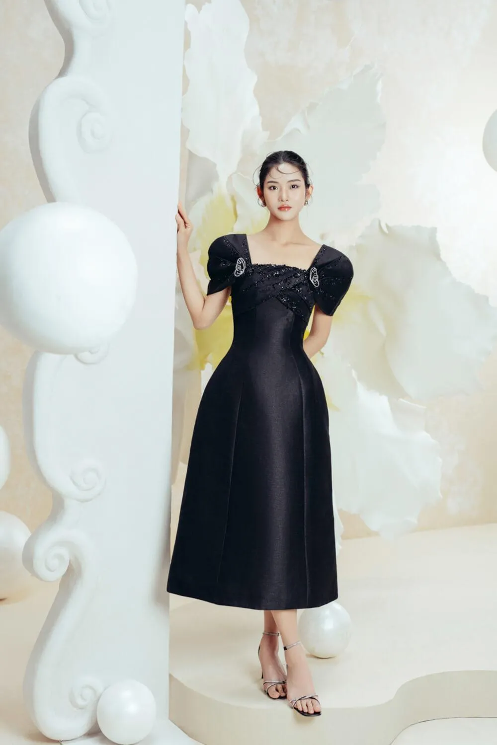 Butterfly A-line Square Neck Taffeta Midi Dress