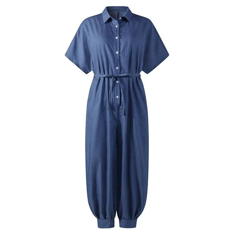 BUTTON-UP DENIM JUMPSUIT — TWO BLUE