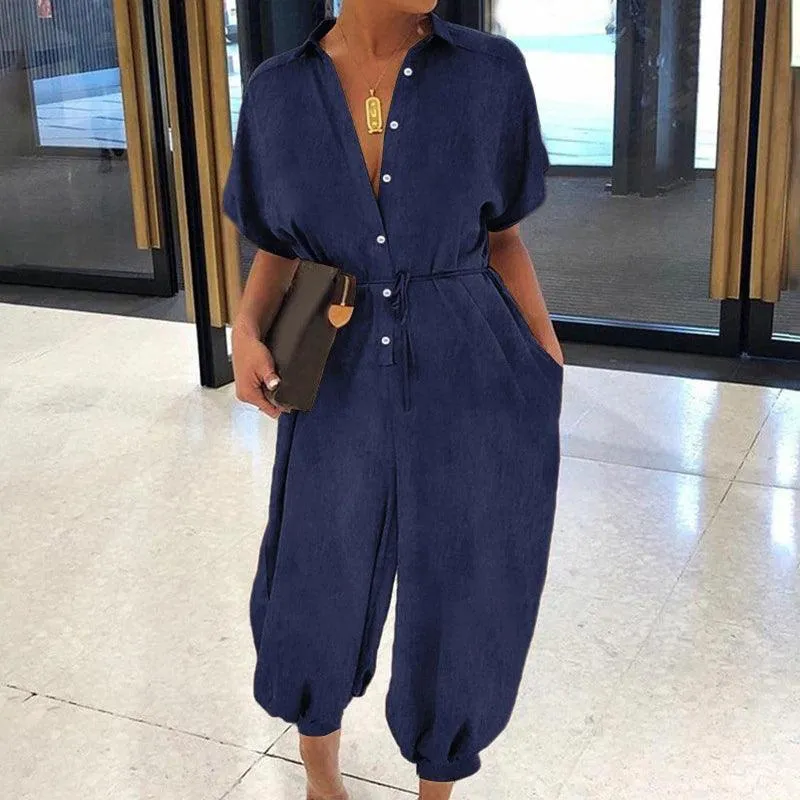 BUTTON-UP DENIM JUMPSUIT — TWO BLUE