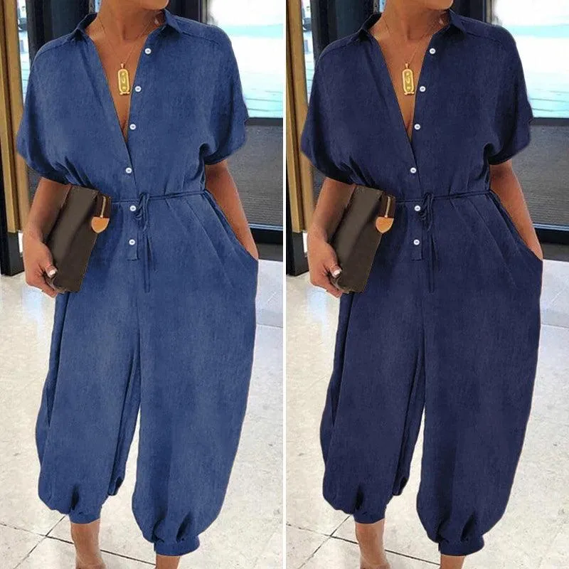 BUTTON-UP DENIM JUMPSUIT — TWO BLUE