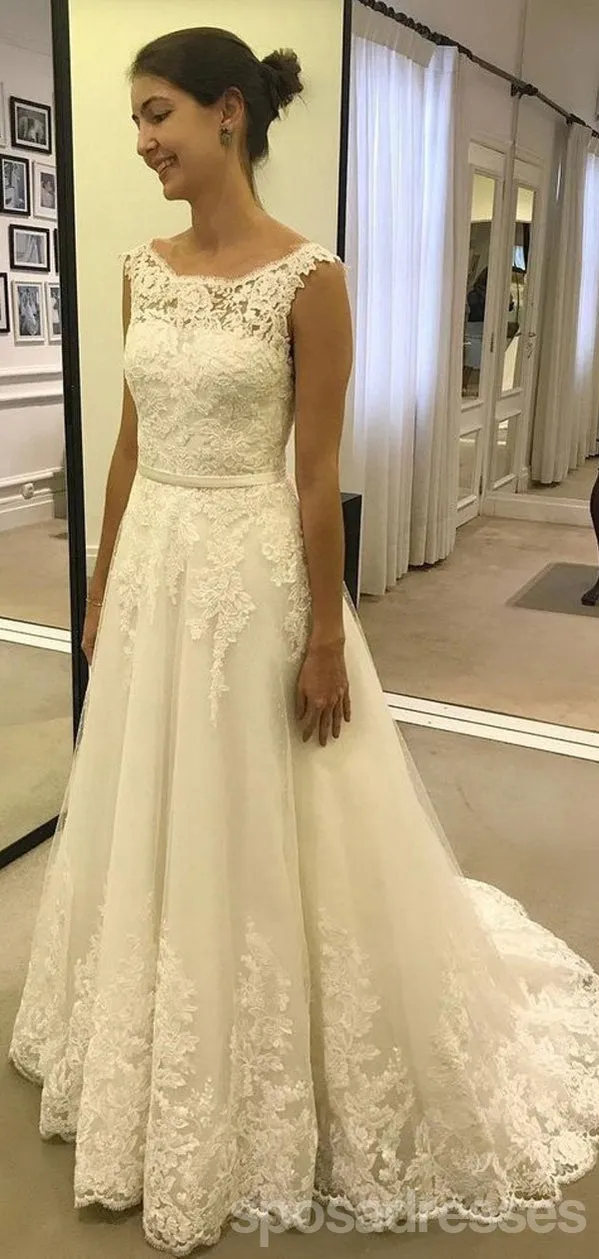 Cap Sleeves A line Bateau Lace A line Cheap Wedding Dresses Online, Cheap Lace Bridal Dresses, WD458