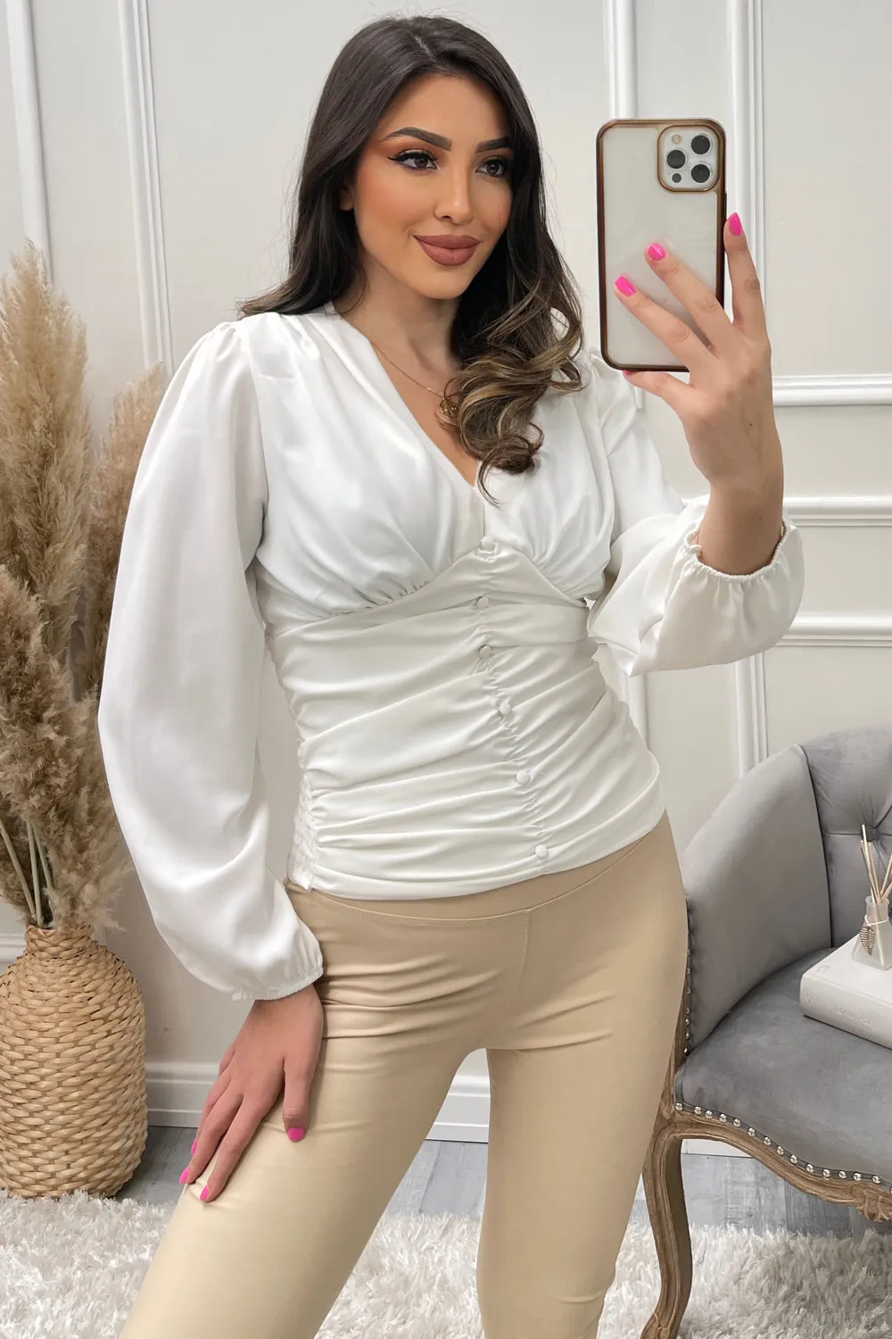 Cassi White Shirred Plunge Ruched Detail Blouse