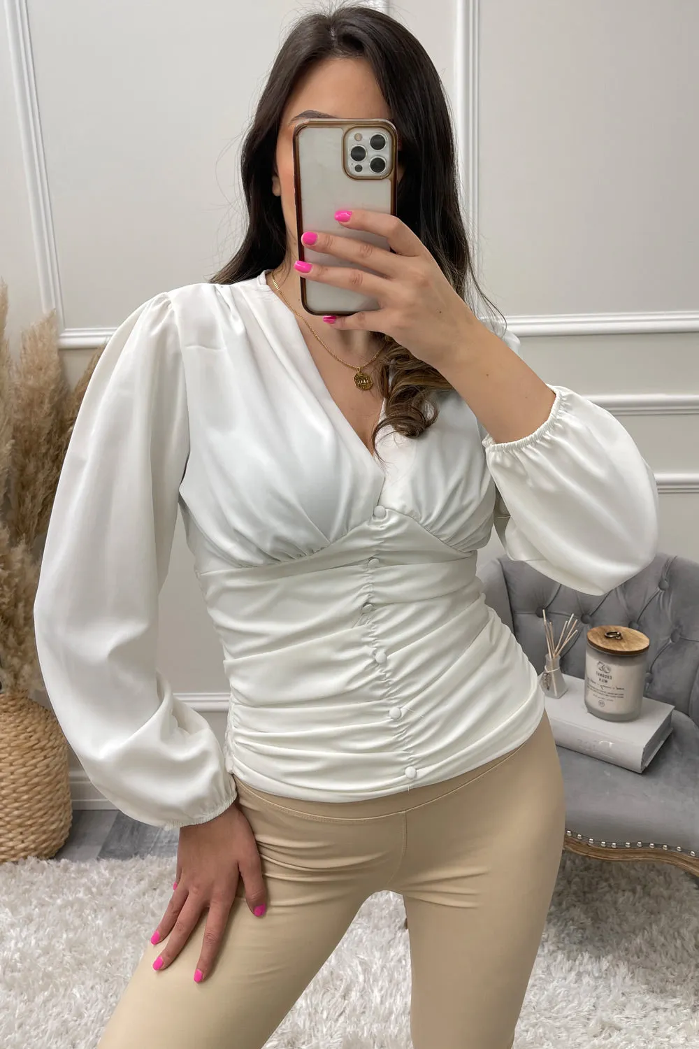 Cassi White Shirred Plunge Ruched Detail Blouse