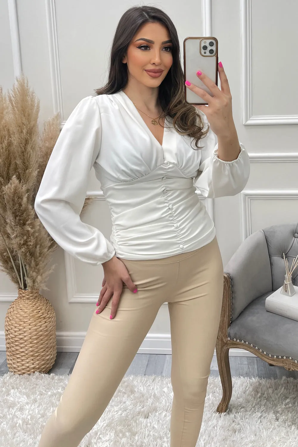 Cassi White Shirred Plunge Ruched Detail Blouse