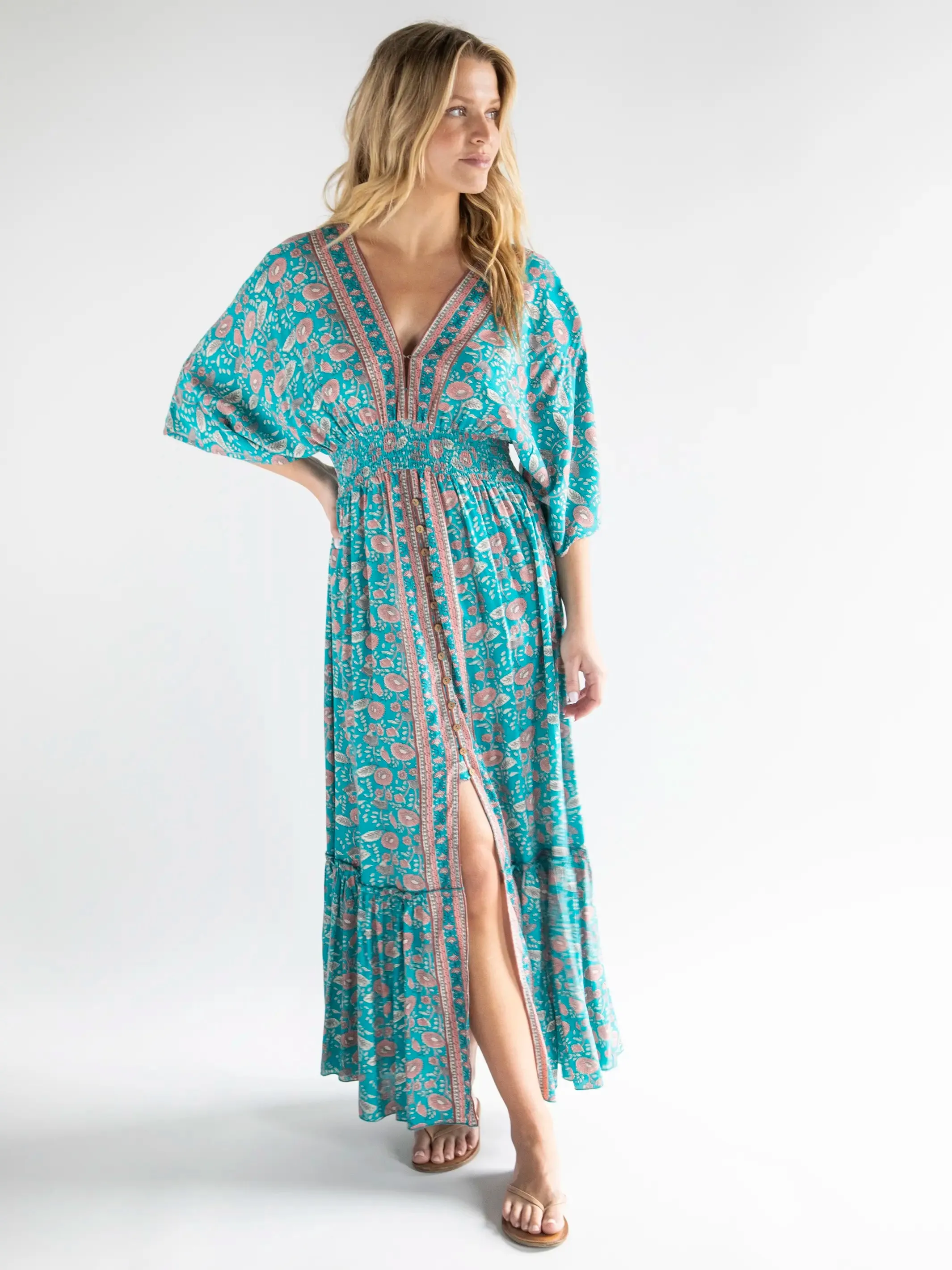 Celia Maxi Dress - Teal Floral Vines