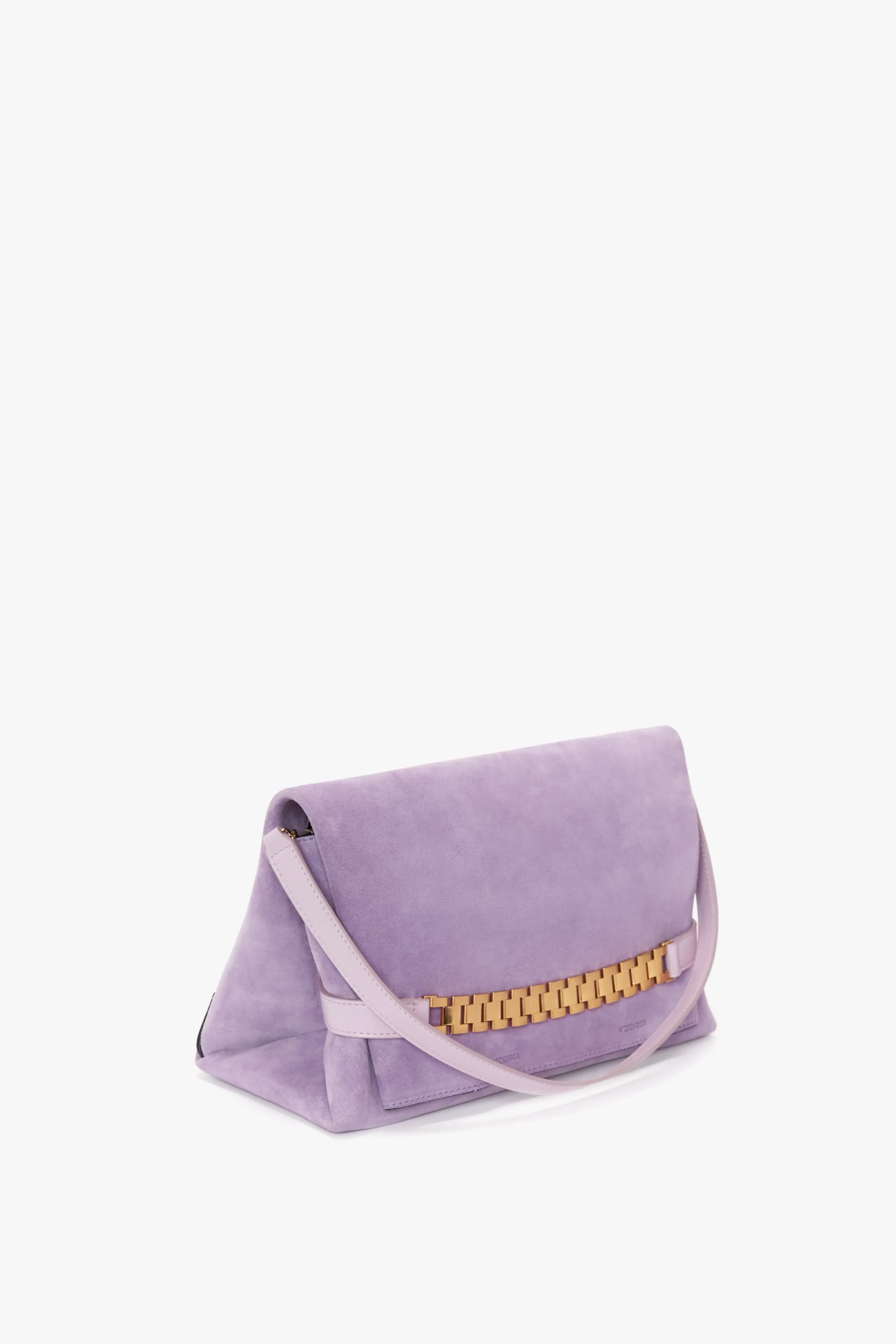 Chain Pouch Bag with Strap in Lilac Suede