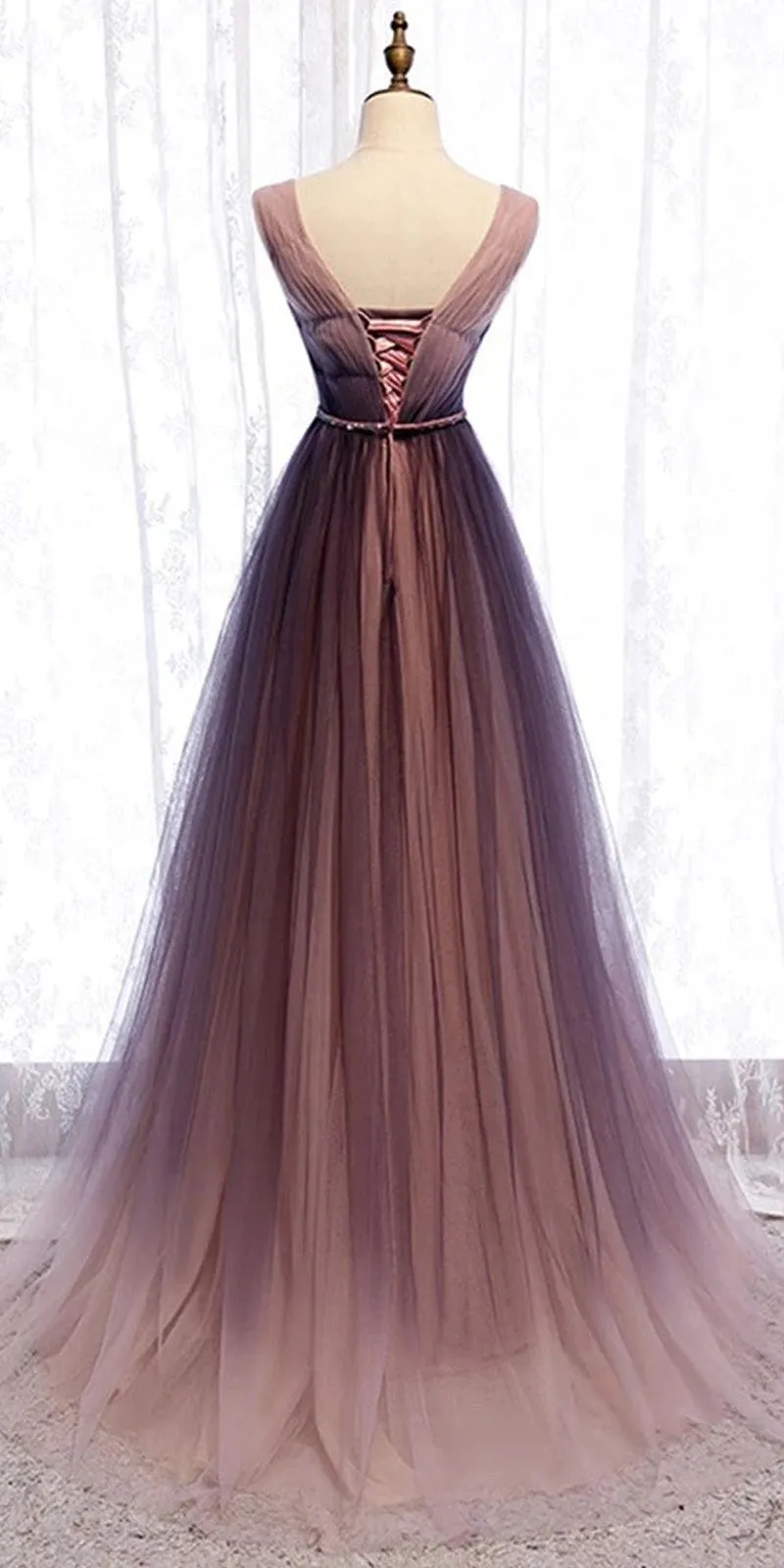 Charming V-neck A-line Tulle Long Prom Dresses PG1190