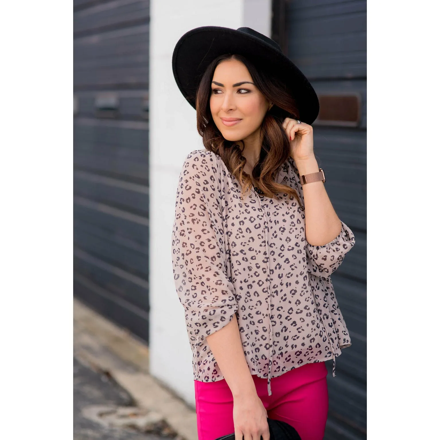 Cheetah Sheer Tie Blouse