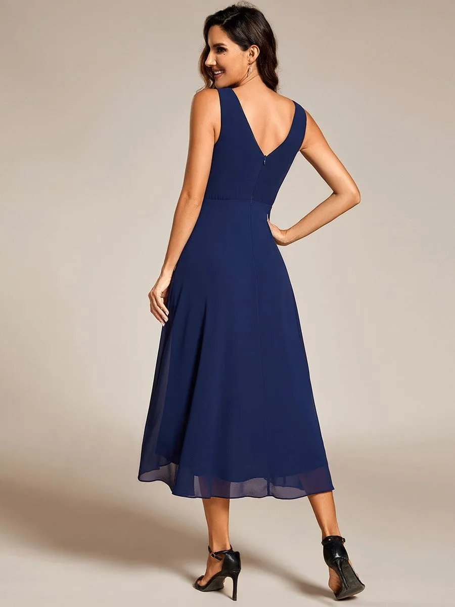 Chic V-Neck Pleated Sleeveless High-Low Chiffon Wedding Guest Dress