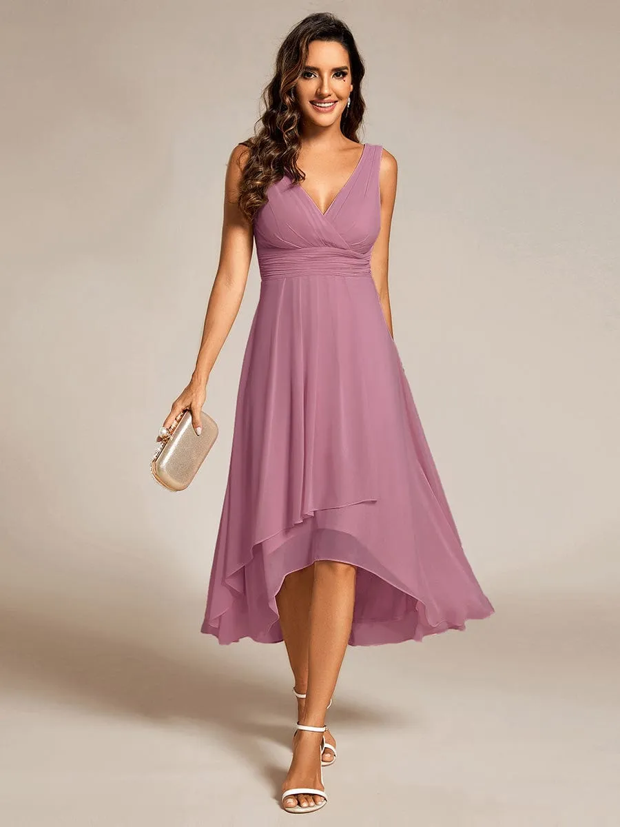 Chic V-Neck Pleated Sleeveless High-Low Chiffon Wedding Guest Dress