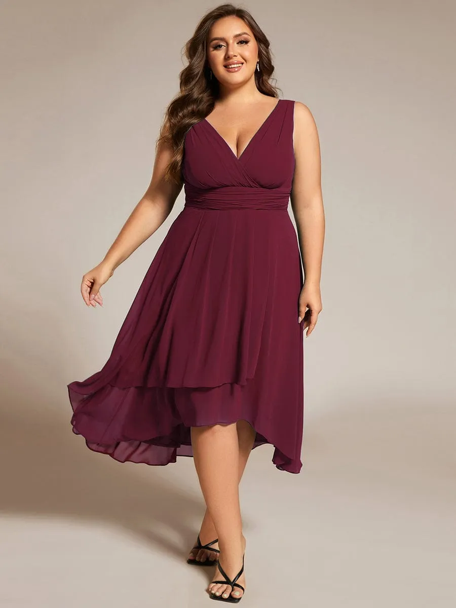 Chic V-Neck Pleated Sleeveless High-Low Chiffon Wedding Guest Dress