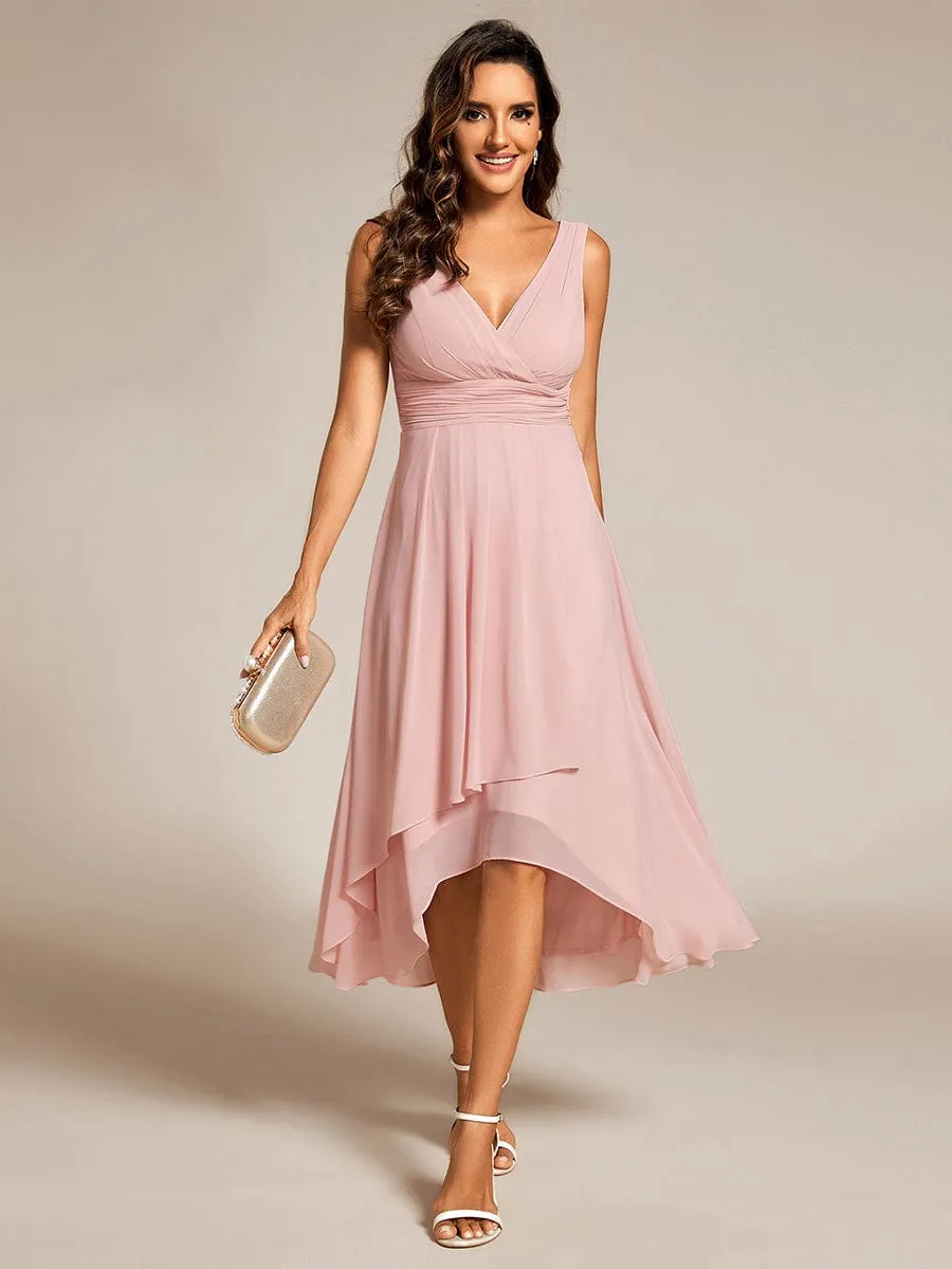 Chic V-Neck Pleated Sleeveless High-Low Chiffon Wedding Guest Dress