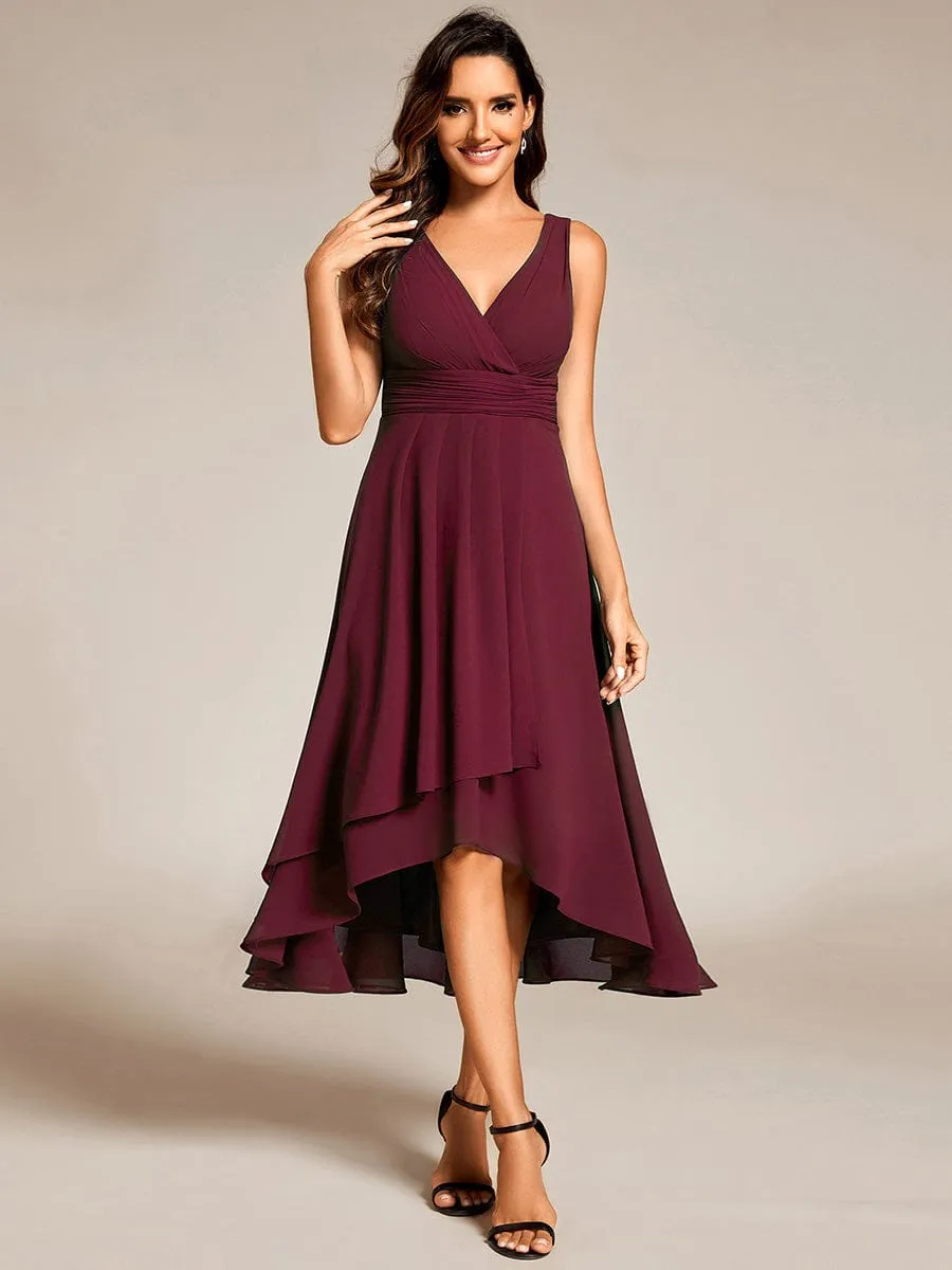 Chic V-Neck Pleated Sleeveless High-Low Chiffon Wedding Guest Dress