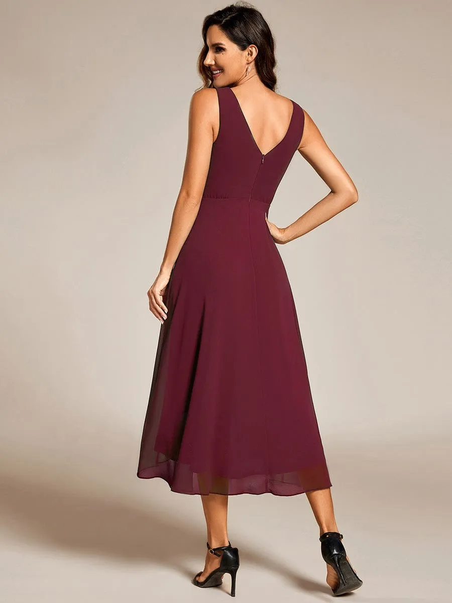 Chic V-Neck Pleated Sleeveless High-Low Chiffon Wedding Guest Dress