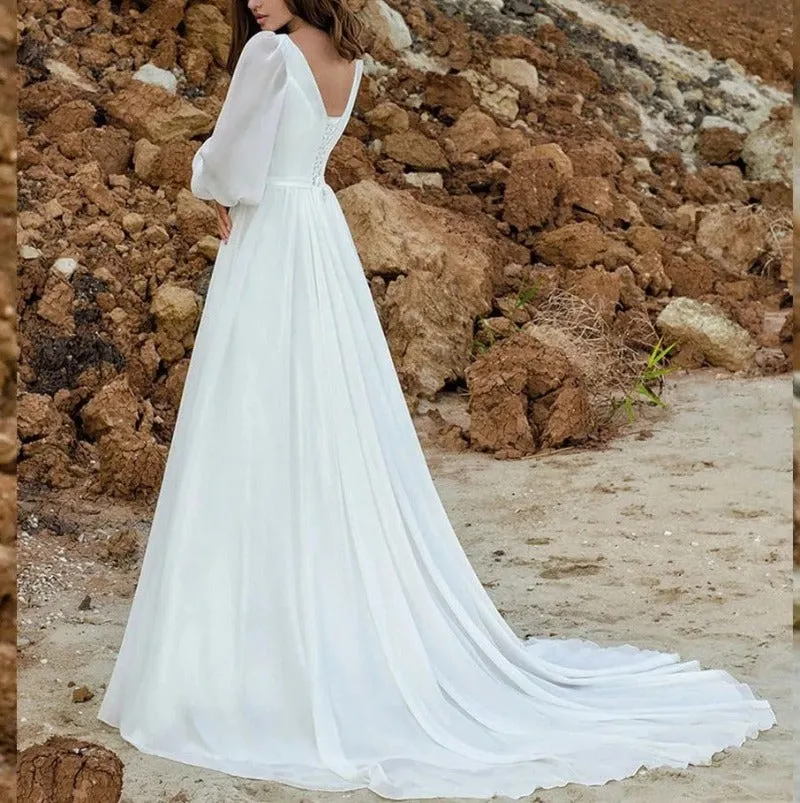 Chiffon A-Line Plus Size V-Neck Puff Sleeve Wedding Dress