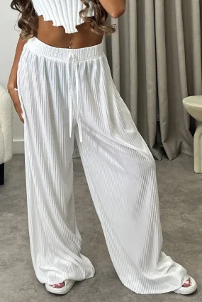 Chrissy White Plisse High Waisted Wide Leg Satin Trousers