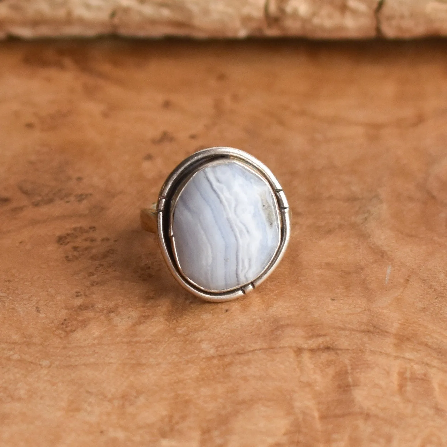 Chunky Boho Ring - Blue Lace Agate Ring - Silversmith Ring - .925 Sterling Silver