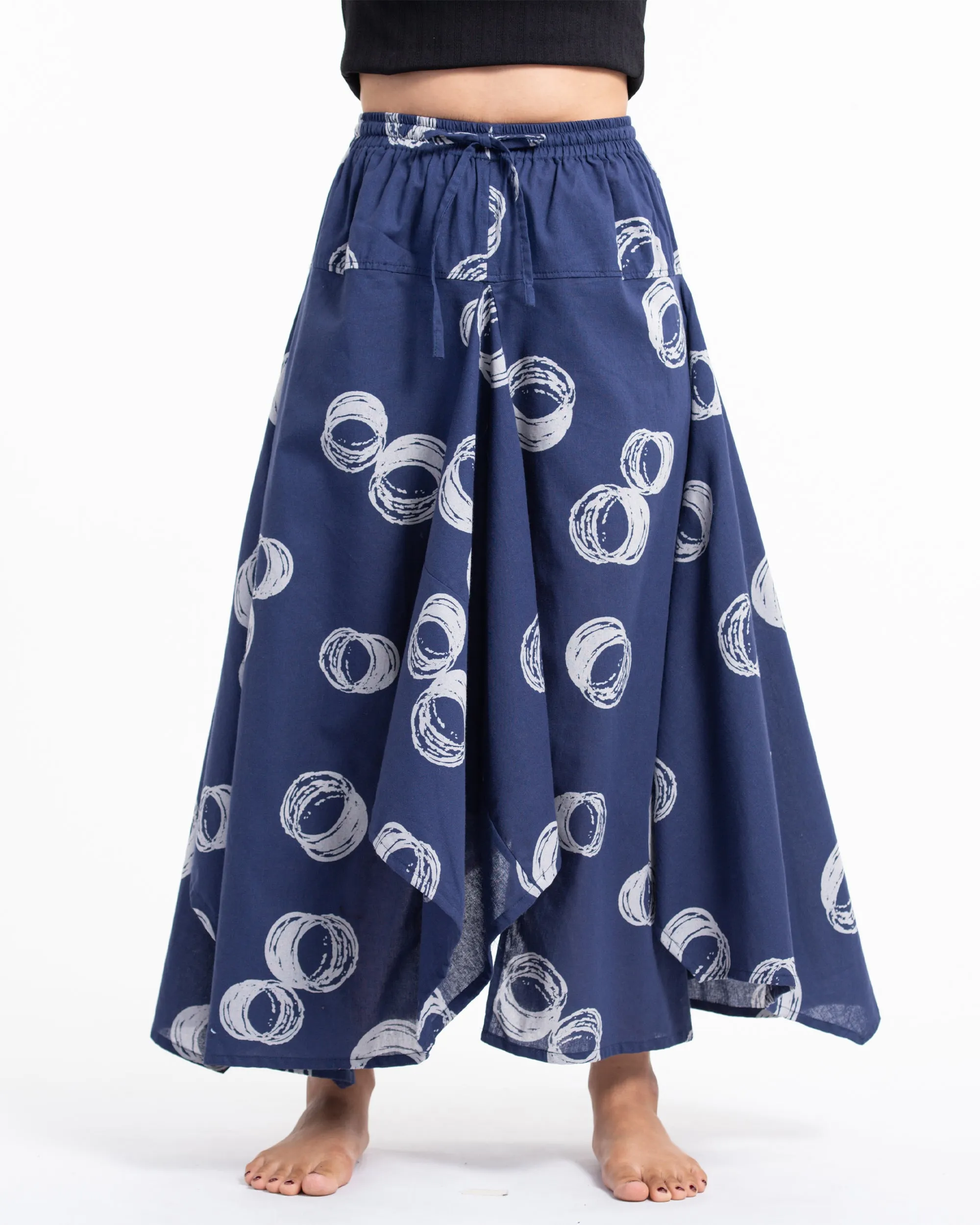 Circles Prints Cotton Handkerchief Midi Skirt in Navy