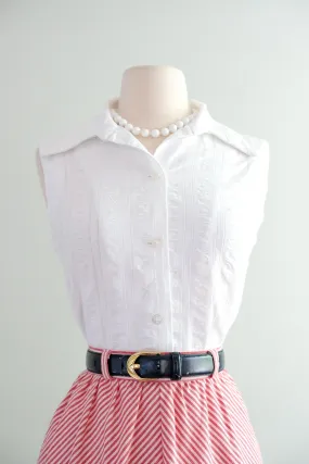 Classic 1960's White Seersucker Cotton Blouse / Sz M