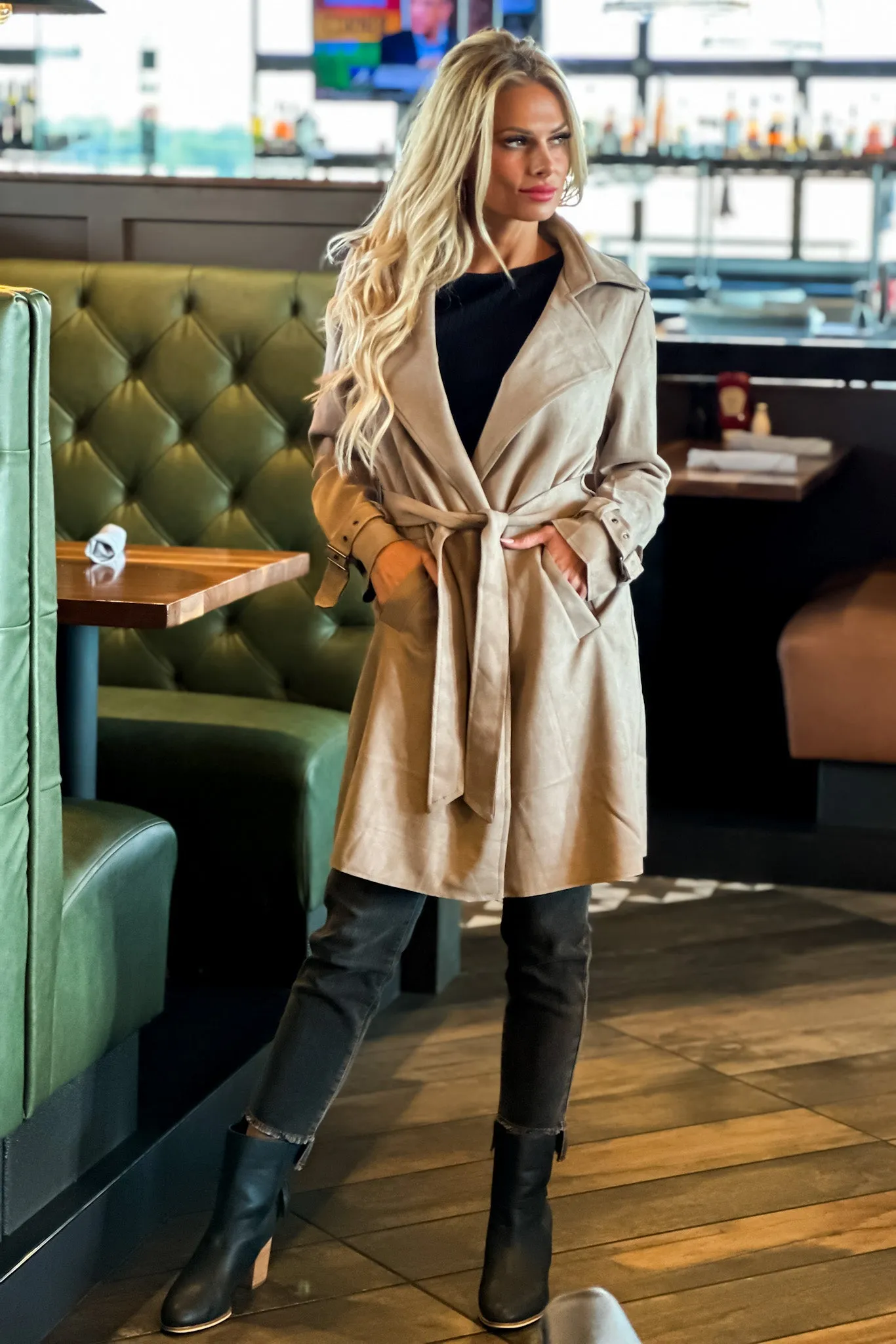 Claudia Faux Suede Belted Coat : Taupe