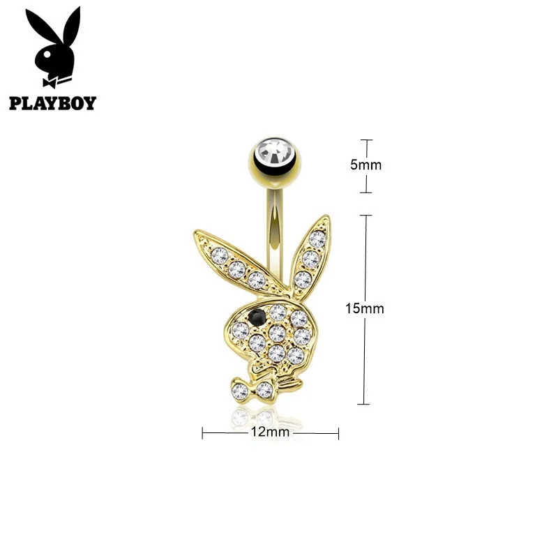 Clear Crystal Paved Playboy Bunny Belly Button Navel Ring - Gold