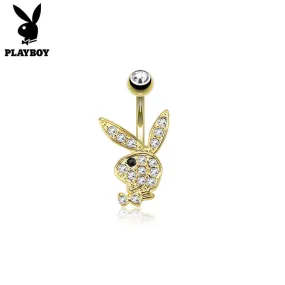 Clear Crystal Paved Playboy Bunny Belly Button Navel Ring - Gold