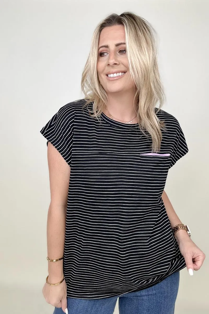 Cotton Bleu Striped Casual Top With Contrast Pocket Detailed