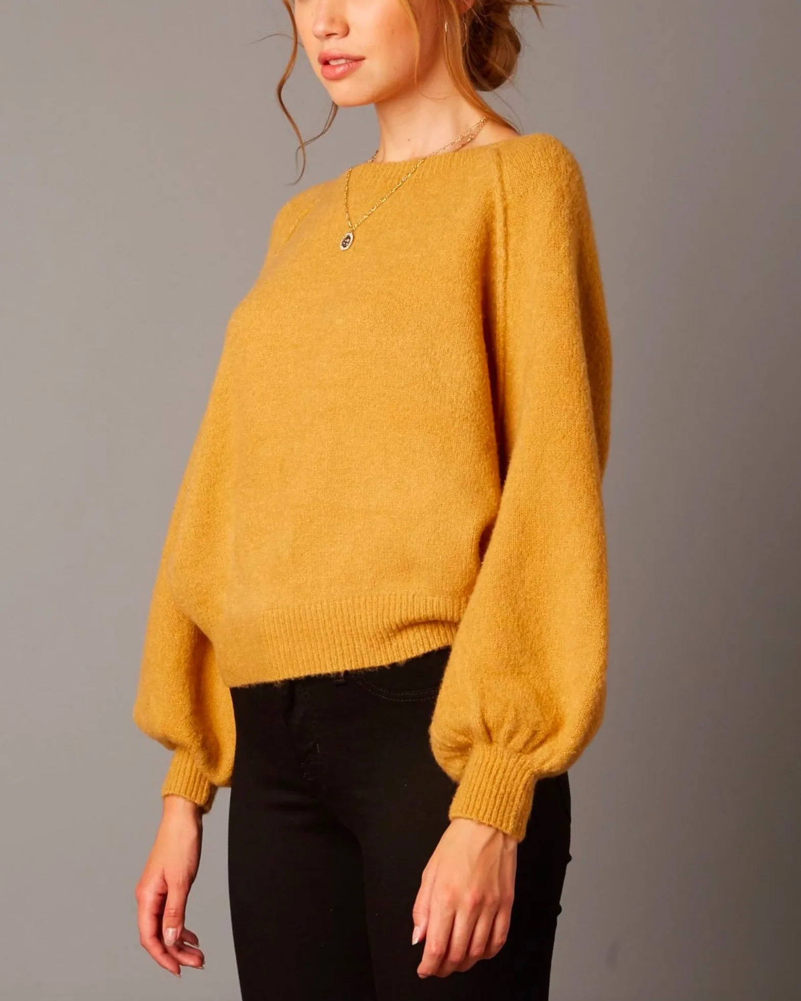 Cotton Candy LA - Bishop Sleeves and Ribbed Hem Fuzzy Knit Sweater in Honey