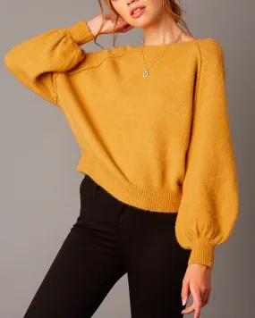 Cotton Candy LA - Bishop Sleeves and Ribbed Hem Fuzzy Knit Sweater in Honey