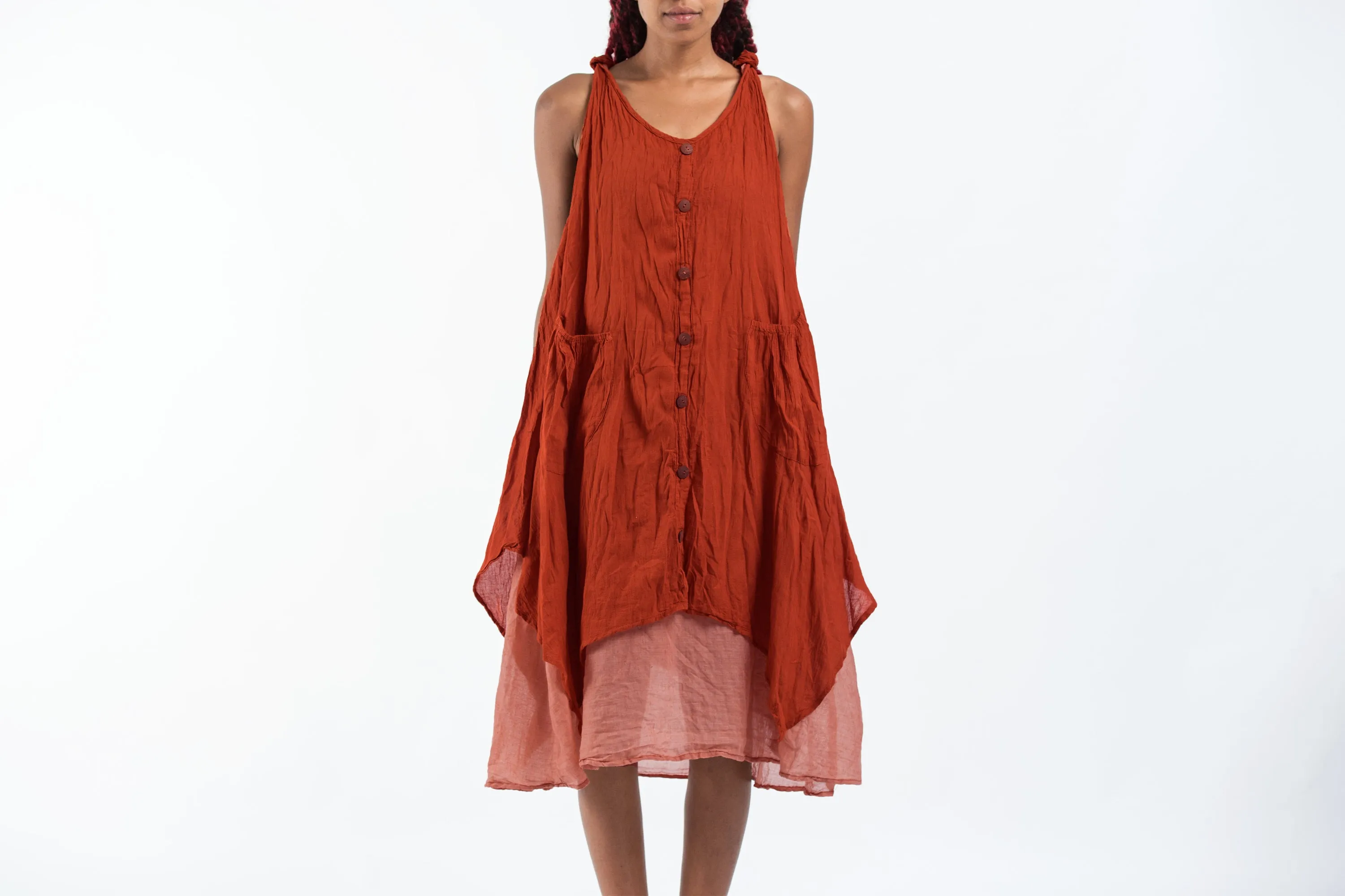 Crinkled Hill Tribe Cotton Tank Dress in Brick