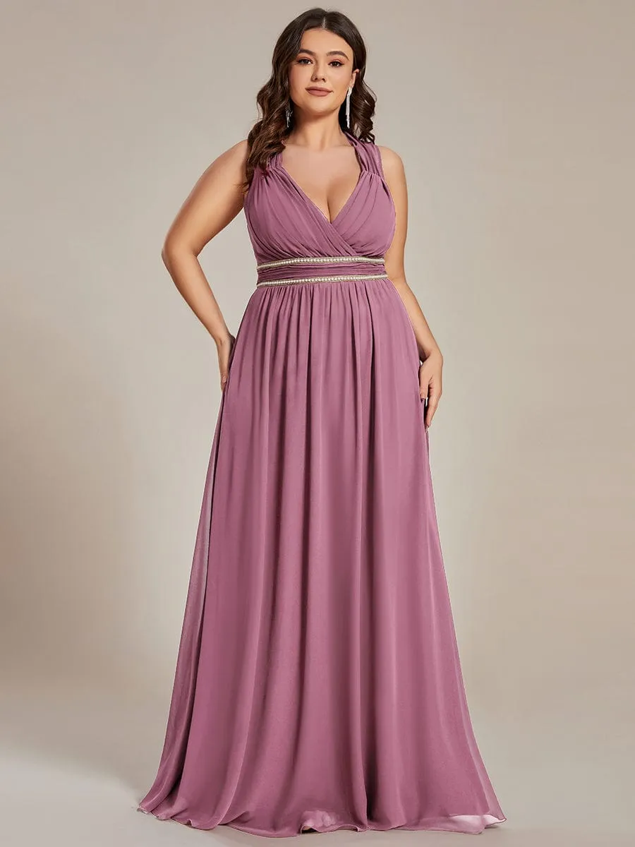 Custom Size V-Neck Sleeveless Beaded Belt Chiffon A-Line Evening Dress