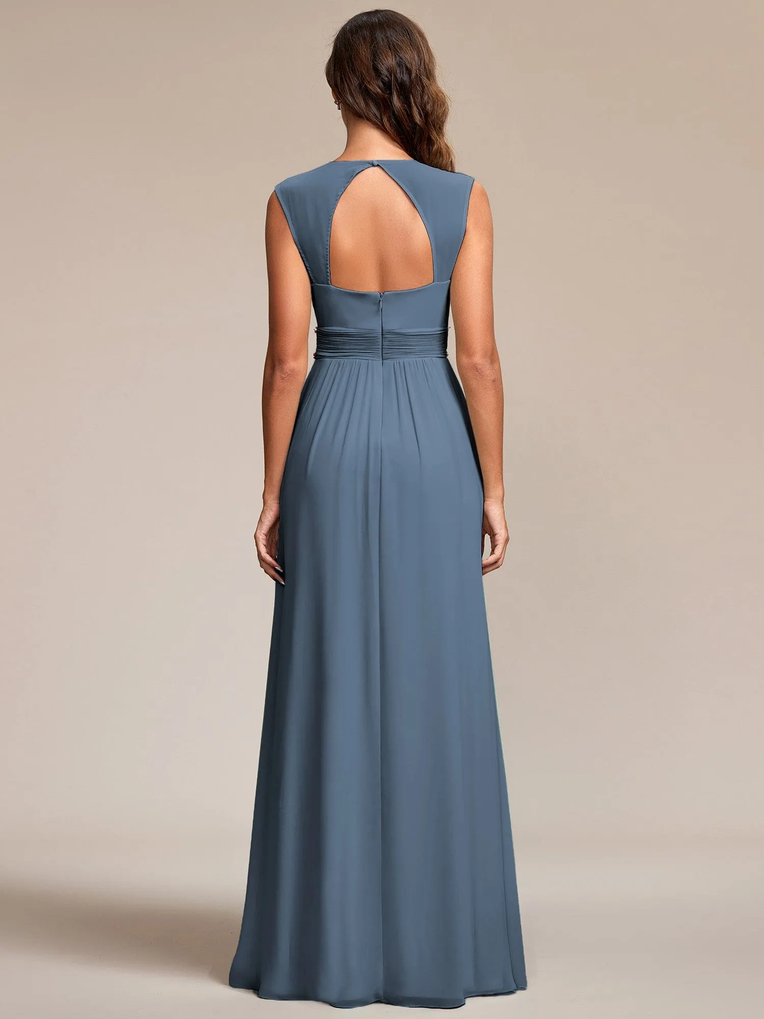 Custom Size V-Neck Sleeveless Beaded Belt Chiffon A-Line Evening Dress