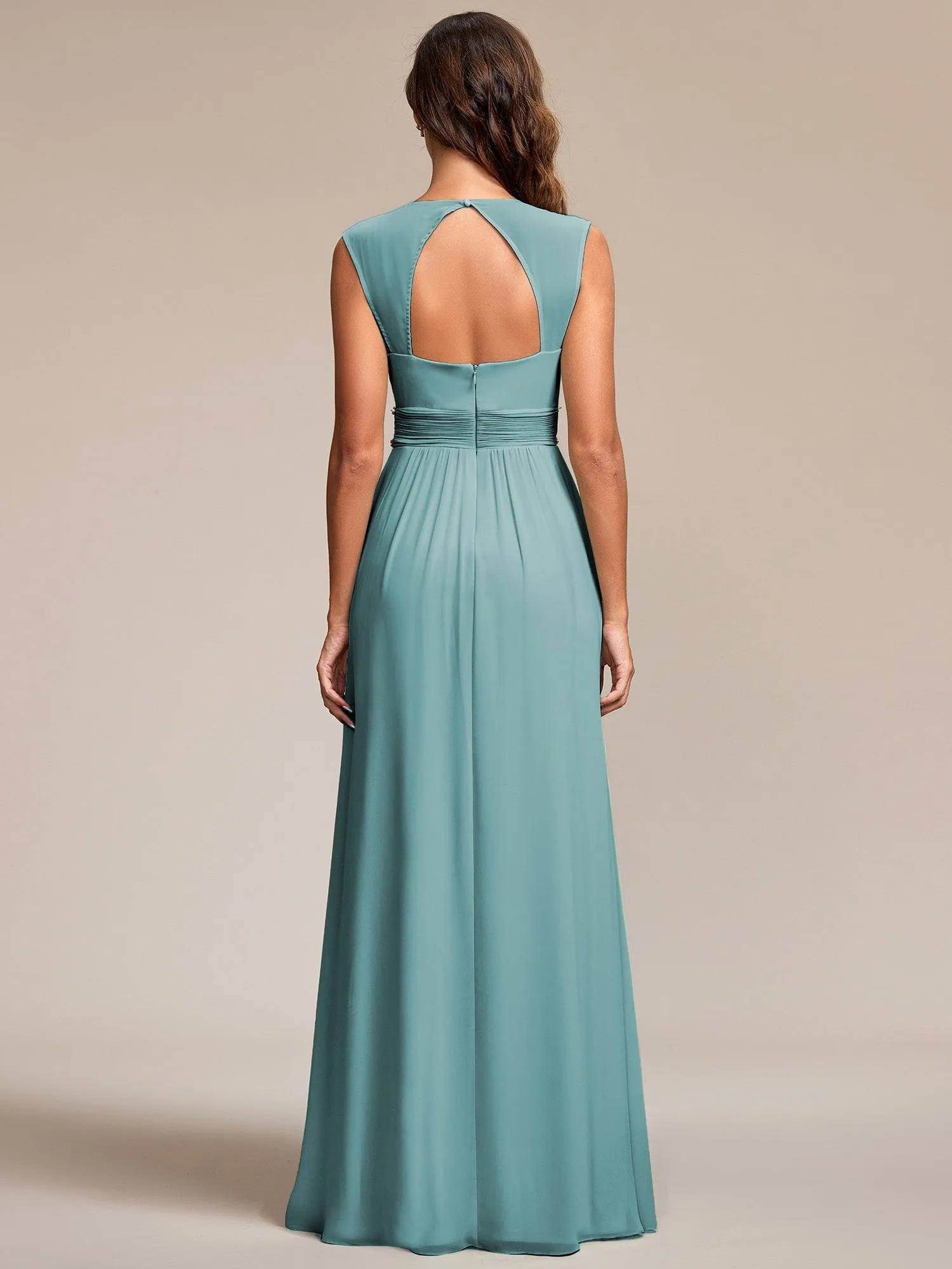 Custom Size V-Neck Sleeveless Beaded Belt Chiffon A-Line Evening Dress