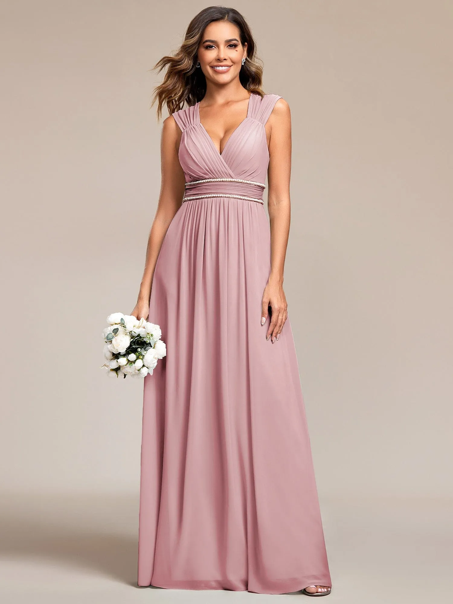 Custom Size V-Neck Sleeveless Beaded Belt Chiffon A-Line Evening Dress