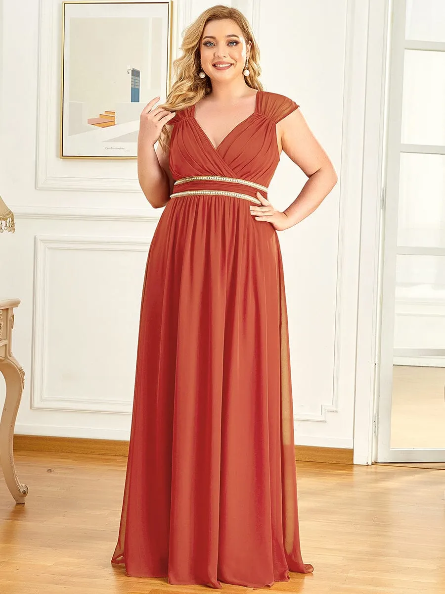 Custom Size V-Neck Sleeveless Beaded Belt Chiffon A-Line Evening Dress