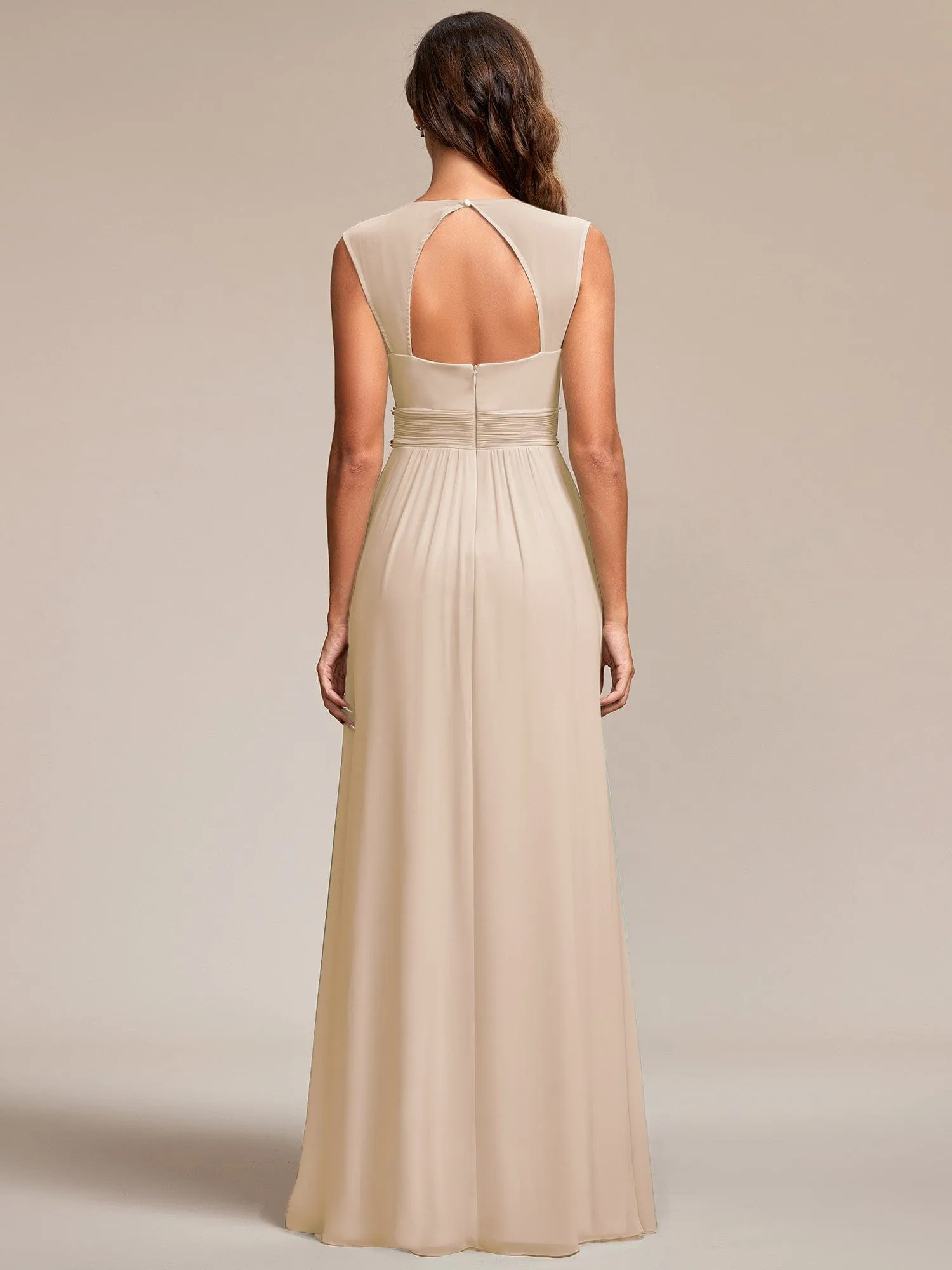 Custom Size V-Neck Sleeveless Beaded Belt Chiffon A-Line Evening Dress