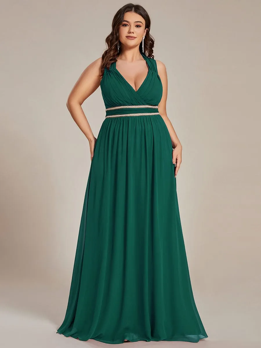 Custom Size V-Neck Sleeveless Beaded Belt Chiffon A-Line Evening Dress