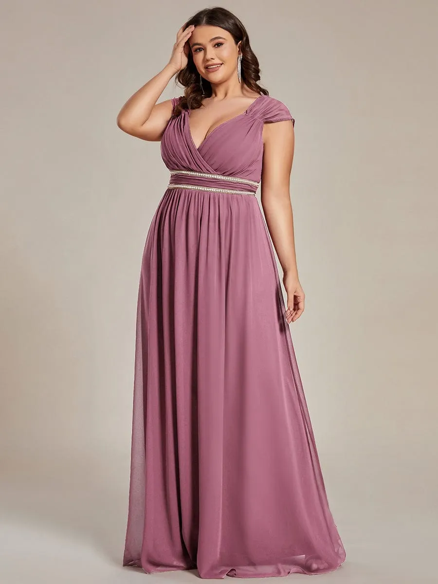 Custom Size V-Neck Sleeveless Beaded Belt Chiffon A-Line Evening Dress