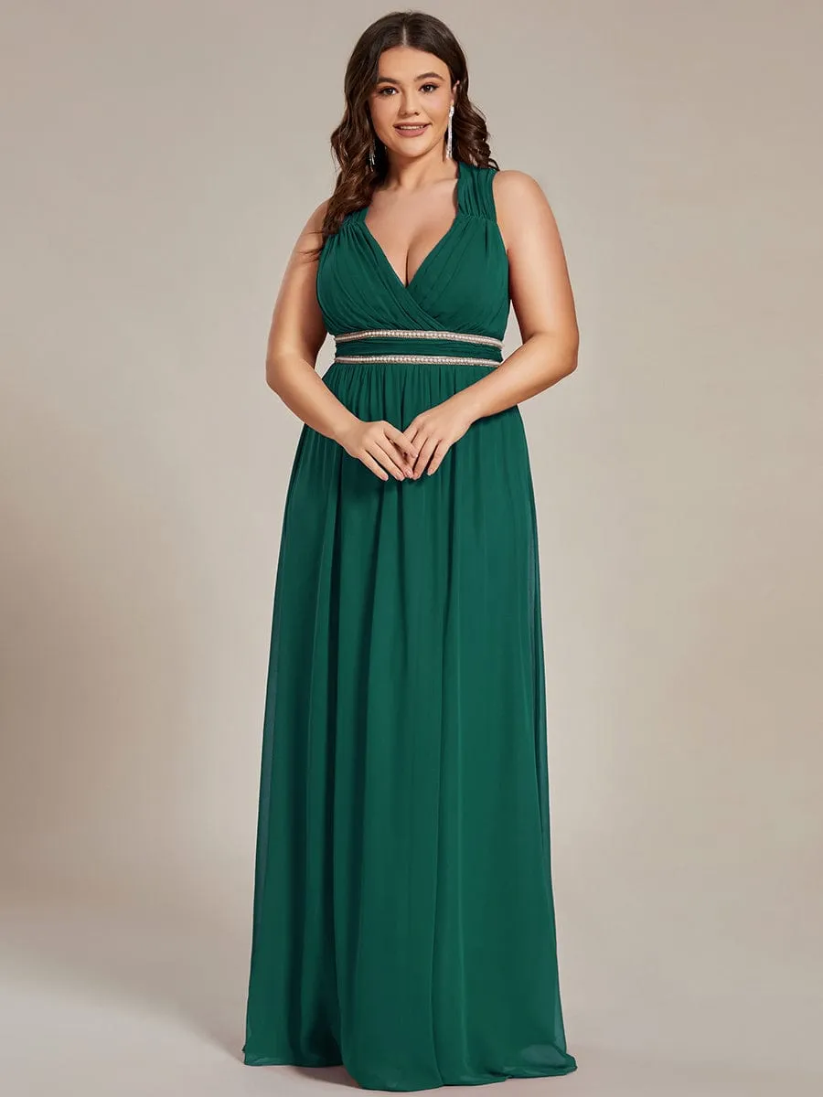 Custom Size V-Neck Sleeveless Beaded Belt Chiffon A-Line Evening Dress