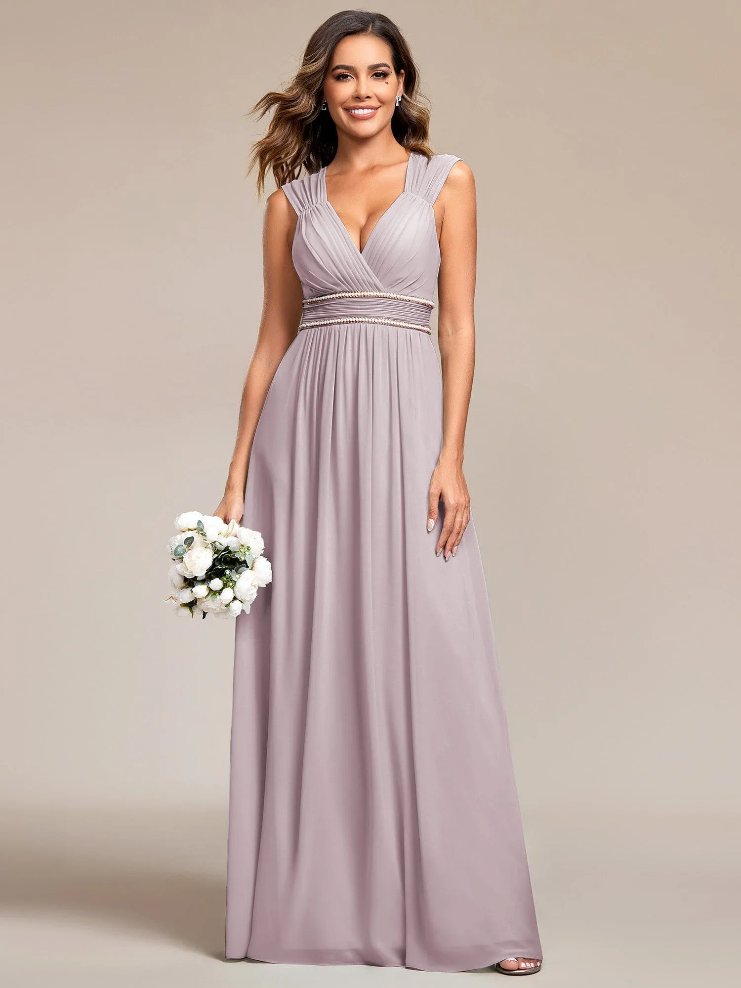 Custom Size V-Neck Sleeveless Beaded Belt Chiffon A-Line Evening Dress