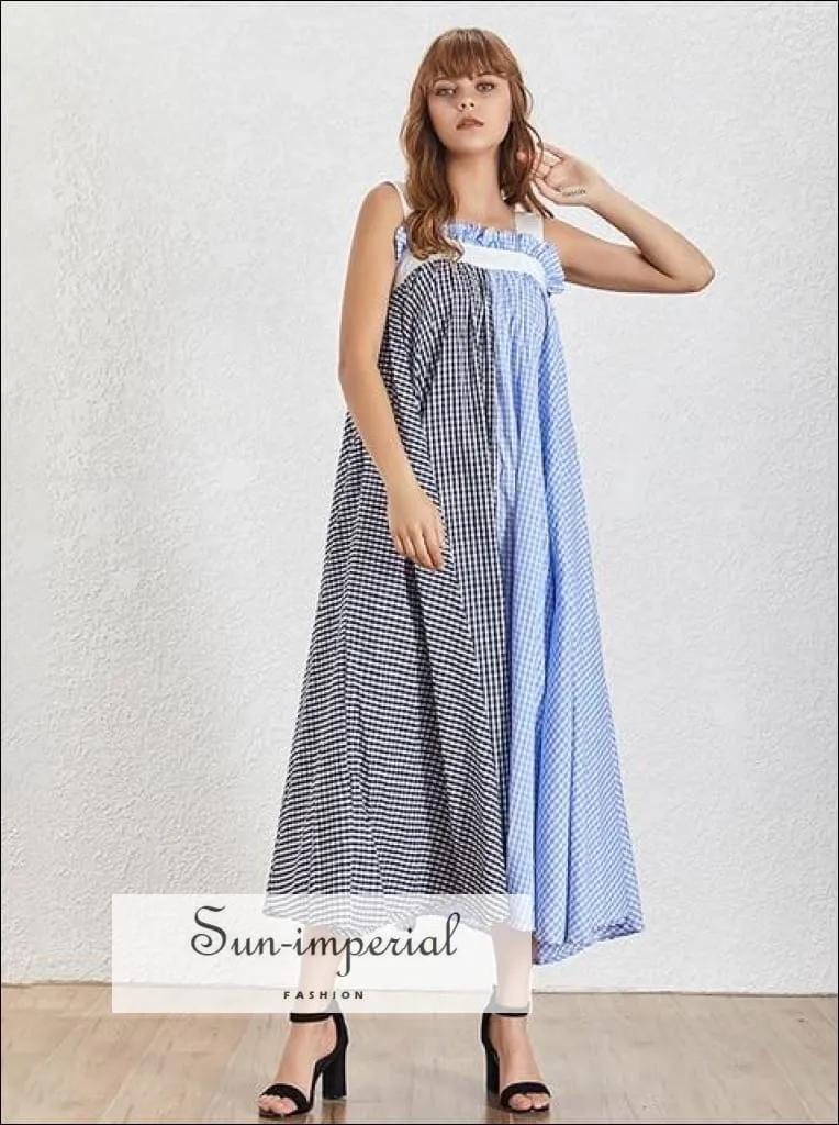 Dallas Dress- Plaid Two Tone a Line Women Maxi Dress Slit Oversize Sleeveless Grid Maxi Dress