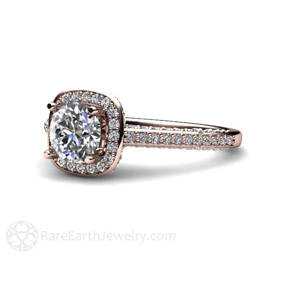 Diamond Halo Engagement Ring Cathedral Setting with Hidden Diamond