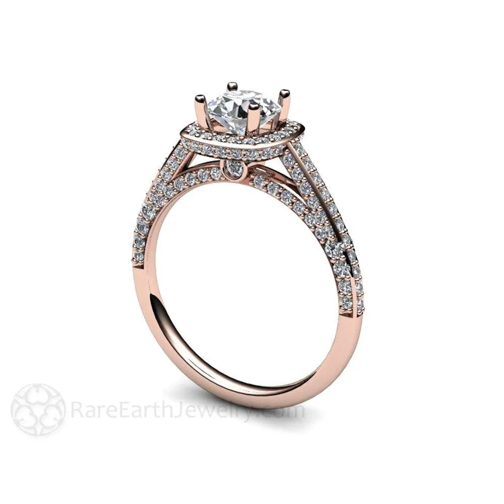 Diamond Halo Engagement Ring Cathedral Setting with Hidden Diamond