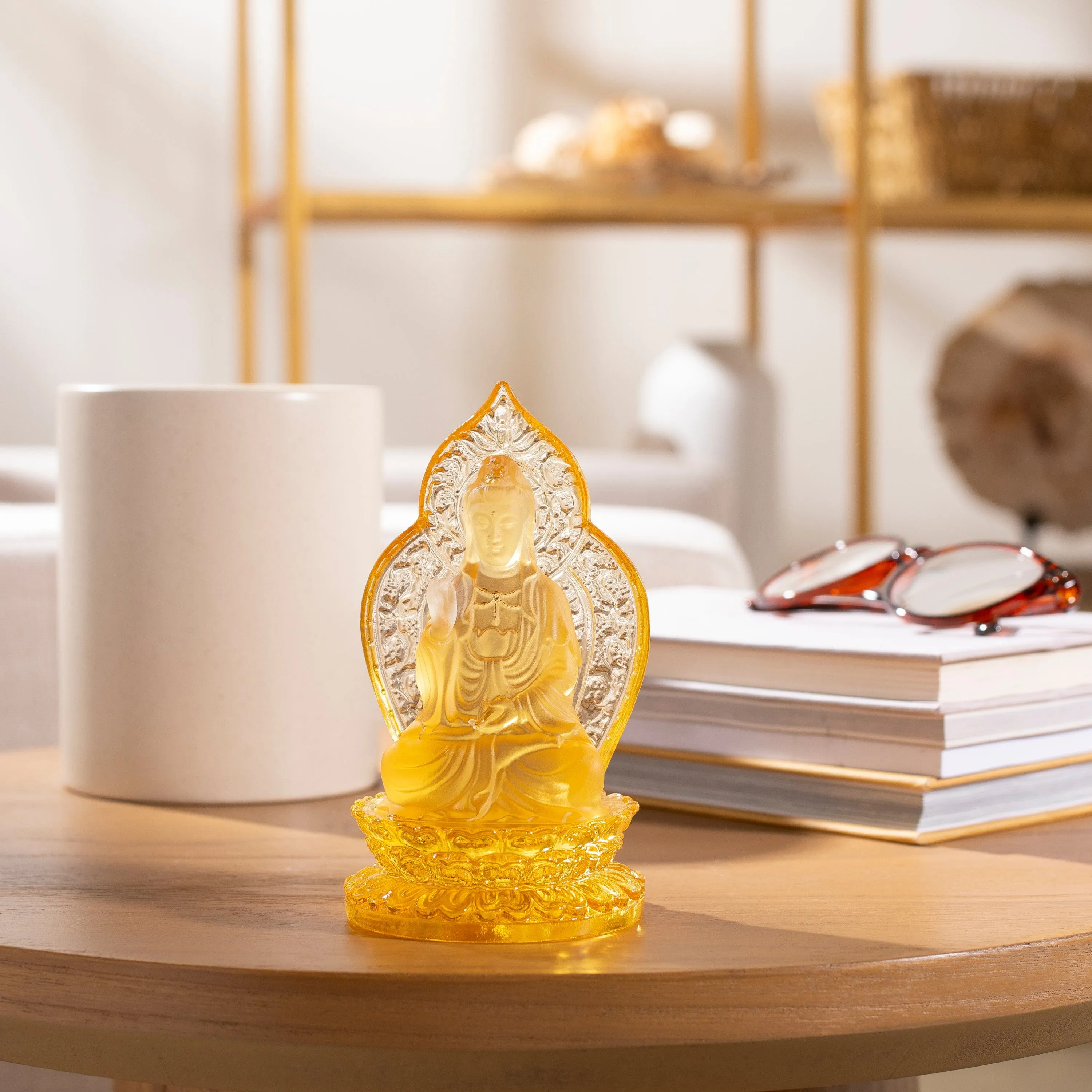 Divine Golden Guan Yin Crystal Carving - A Symbol of Compassion and Protection