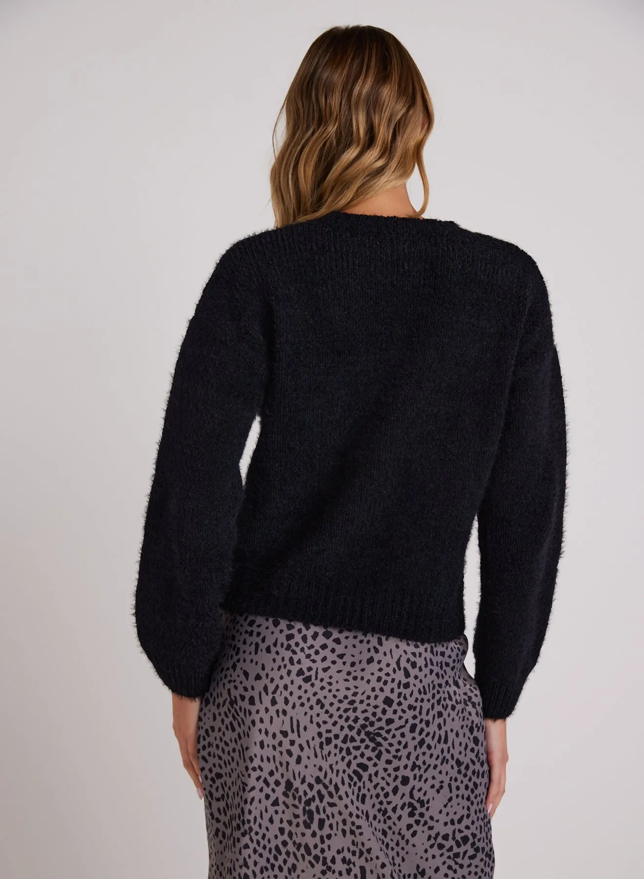 Drop Shoulder Fuzzy  Chenille Sweater  - Black