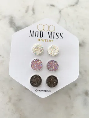 Druzy Stud Earring Set of 3 Crystal White, Crystal Pink, & Gray in Silver Setting Stud Earring