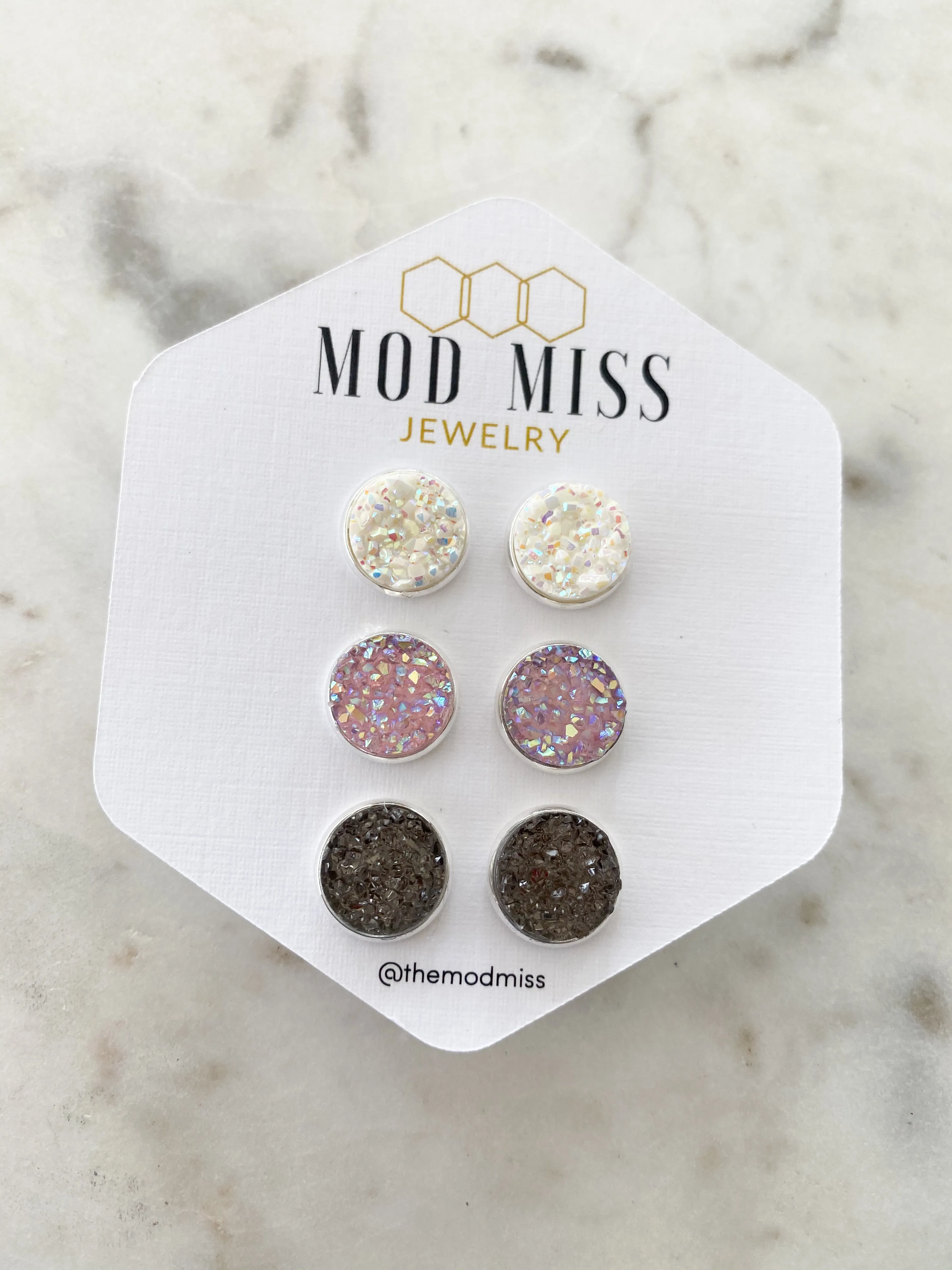 Druzy Stud Earring Set of 3 Crystal White, Crystal Pink, & Gray in Silver Setting Stud Earring